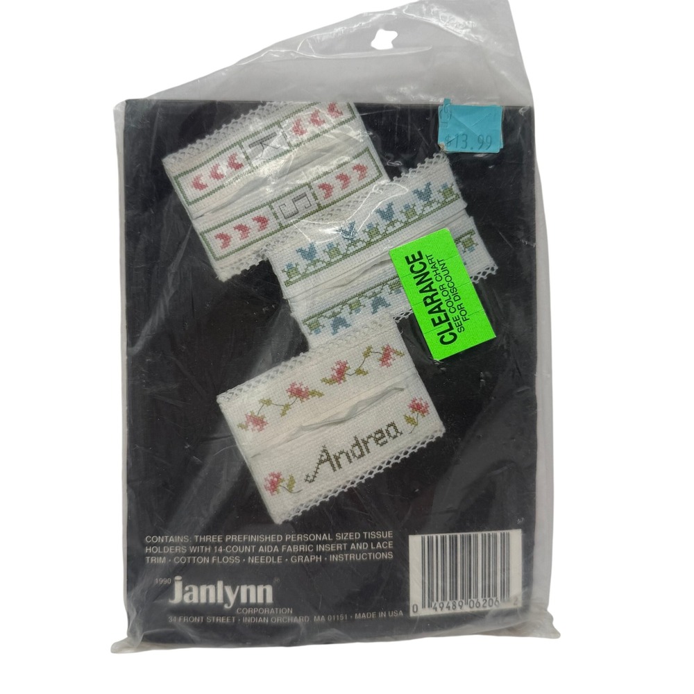 Vintage 1990 Janlynn Personalized Florals Tissue Holder Cross Stitch Kit Set 3
